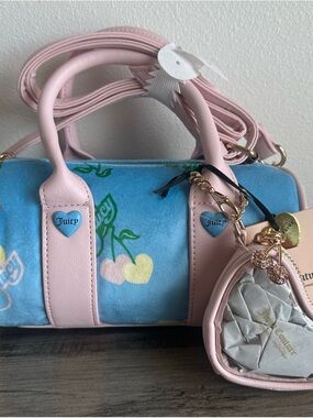 Juicy Couture Pink & Blue Cherry Velvet Mini Barrel Bag with Gold Accents